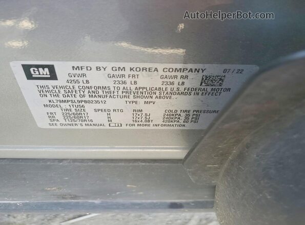 KL79MPSL9PB023512 2023 CHEVROLET TRAILBLAZER Silver Vista de la etiqueta del VIN