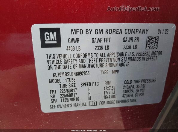 KL79MRSL0NB092856 2022 CHEVROLET TRAILBLAZER Бордовый Вид подкапотного пространства