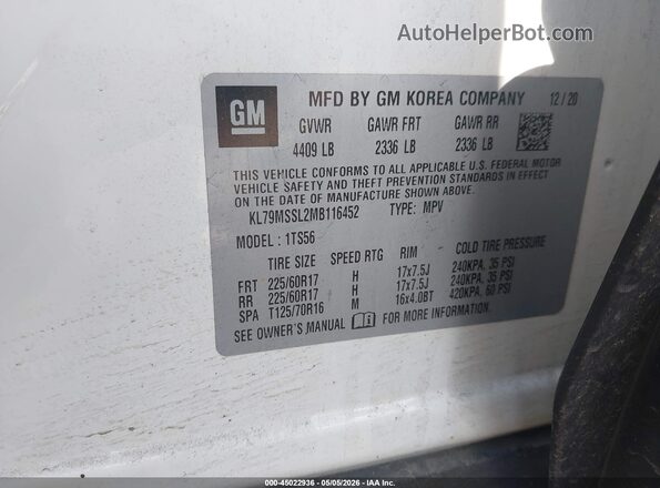 KL79MSSL2MB116452 2021 CHEVROLET TRAILBLAZER White Vista del compartimento del motor