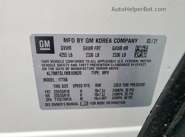 KL79MTSL1MB169620 2021 CHEVROLET TRAILBLAZER White VIN კოდის სტიკერის ხედი