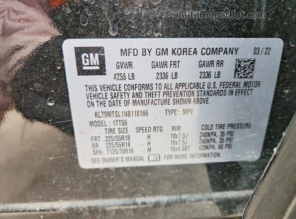 KL79MTSL1NB118166 2022 CHEVROLET TRAILBLAZER Black VIN sticker view