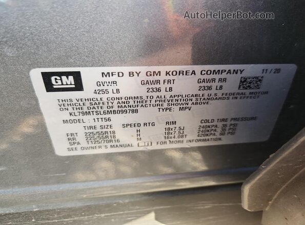 KL79MTSL6MB099788 2021 CHEVROLET TRAILBLAZER Gray Панорамний вид салону 360°