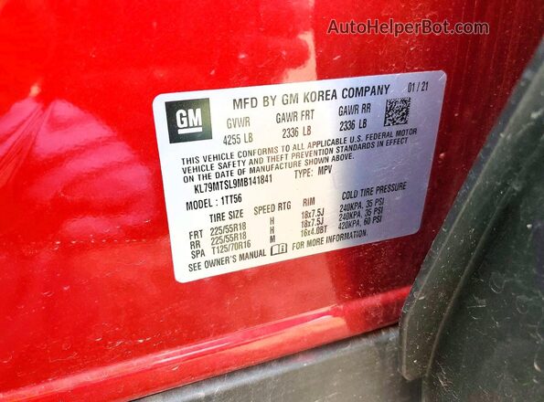 KL79MTSL9MB141841 2021 CHEVROLET TRAILBLAZER Red VIN კოდის სტიკერის ხედი