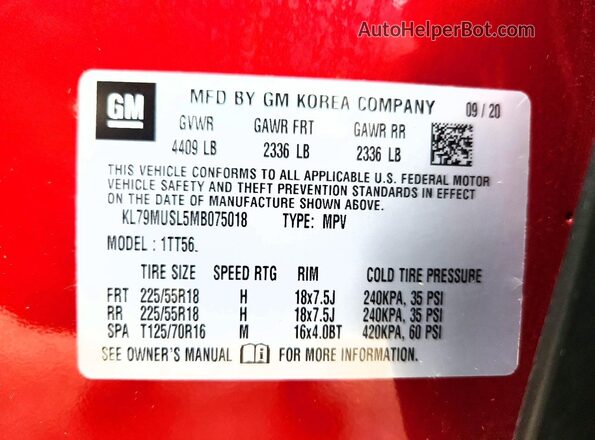 KL79MUSL5MB075018 2021 CHEVROLET TRAILBLAZER Красный Вид наклейки с VIN-кодом