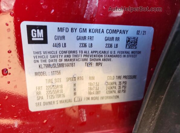 KL79MUSL5MB144161 2021 CHEVROLET TRAILBLAZER Red ძრავის განყოფილების ხედი