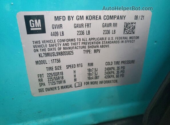 KL79MUSL9NB055825 2022 CHEVROLET TRAILBLAZER Blue Widok naklejki z numerem VIN