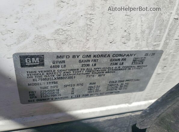 KL79MUSLXMB023951 2021 CHEVROLET TRAILBLAZER White Вид наклейки з VIN-кодом