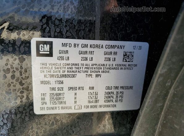 KL79MVSL6MB093307 2021 CHEVROLET TRAILBLAZER Black VIN კოდის სტიკერის ხედი