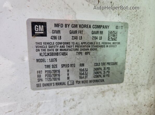 KL7CJKSBXHB174854 2017 CHEVROLET TRAX Белый Панорамный вид салона 360°