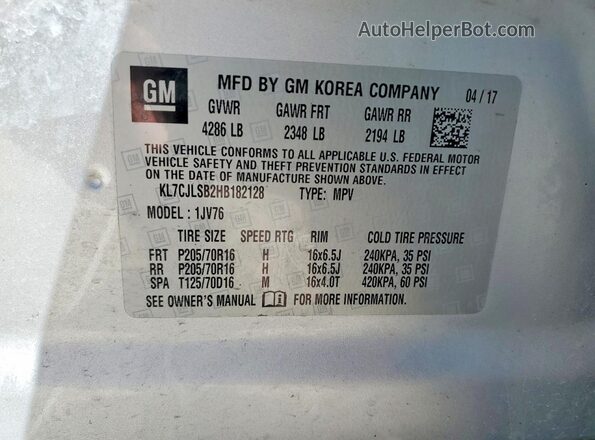 KL7CJLSB2HB182128 2017 CHEVROLET TRAX Серебряный Вид наклейки с VIN-кодом