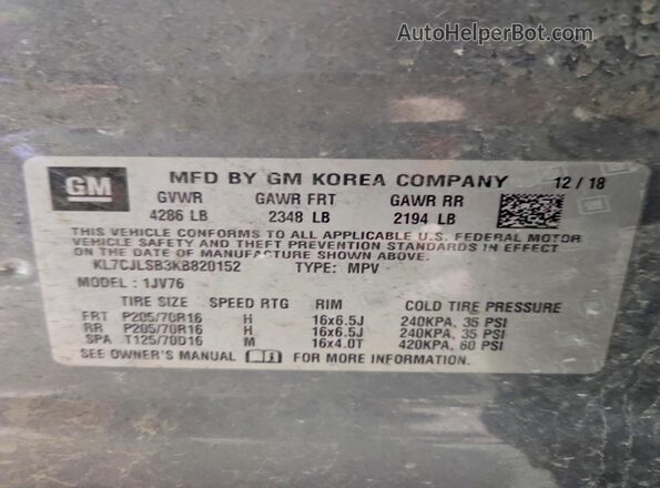 KL7CJLSB3KB820152 2019 CHEVROLET TRAX Gray Engine compartment view