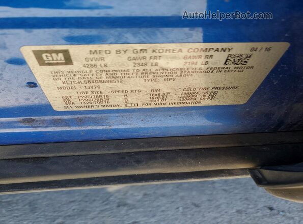 KL7CJLSB4GB688512 2016 CHEVROLET TRAX Синий Вид наклейки с VIN-кодом