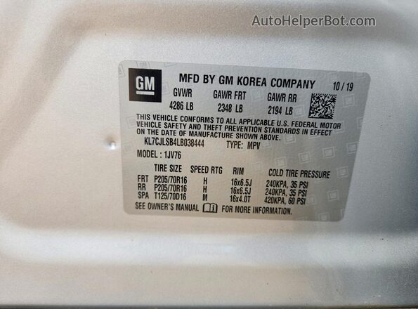KL7CJLSB4LB038444 2020 CHEVROLET TRAX Silver Вид наклейки з VIN-кодом