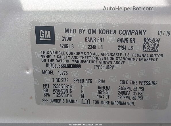 KL7CJLSB6LB039899 2020 CHEVROLET TRAX Silver Շարժիչի բաժամունքի տեսք