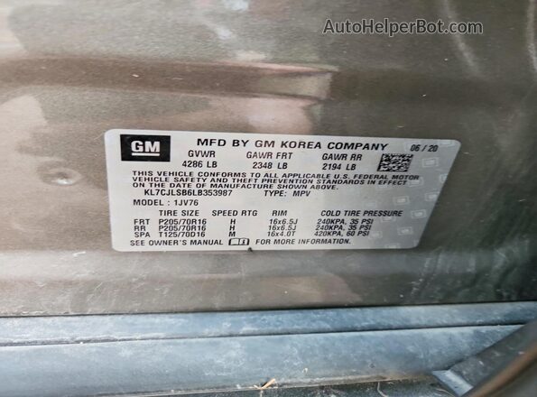 KL7CJLSB6LB353987 2020 CHEVROLET TRAX Желто-коричневый Вид наклейки с VIN-кодом