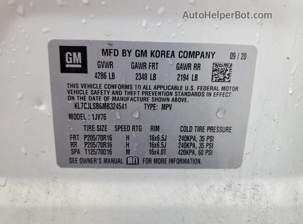 KL7CJLSB6MB324541 2021 CHEVROLET TRAX Белый Вид наклейки с VIN-кодом