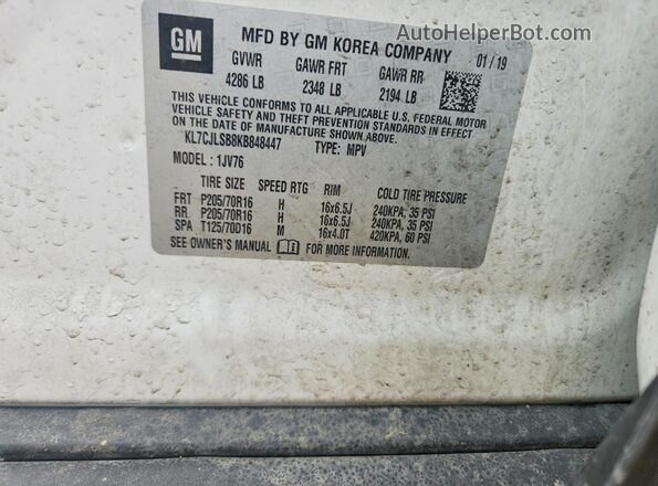 KL7CJLSB8KB848447 2019 CHEVROLET TRAX White Engine compartment view