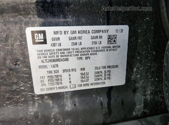 KL7CJNSB6MB343490 2021 CHEVROLET TRAX Black Vista de la etiqueta del VIN