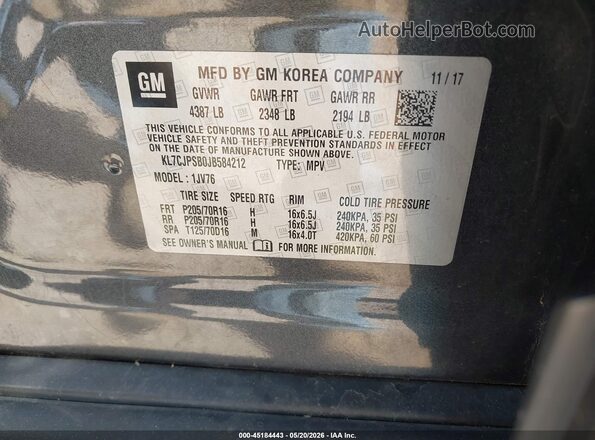 KL7CJPSB0JB584212 2018 CHEVROLET TRAX Серый Вид подкапотного пространства