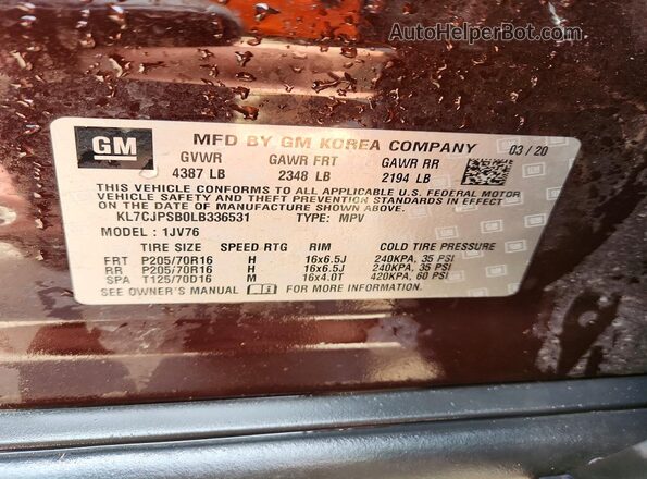 KL7CJPSB0LB336531 2020 CHEVROLET TRAX Burgundy Widok naklejki z numerem VIN
