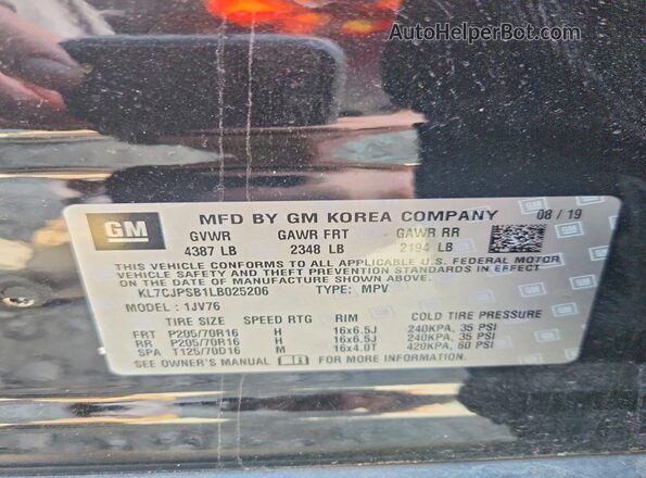 KL7CJPSB1LB025206 2020 CHEVROLET TRAX Black Vista de la etiqueta del VIN