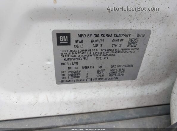 KL7CJPSB2KB947692 2019 CHEVROLET TRAX White Vista del compartimento del motor