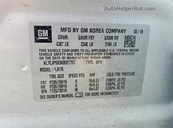 KL7CJPSB3KB927757 2019 CHEVROLET TRAX Серебряный Вид подкапотного пространства