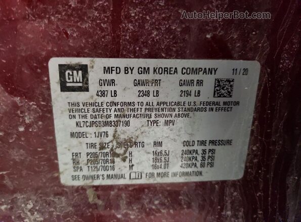 KL7CJPSB3MB337190 2021 CHEVROLET TRAX Бордовый Вид наклейки с VIN-кодом