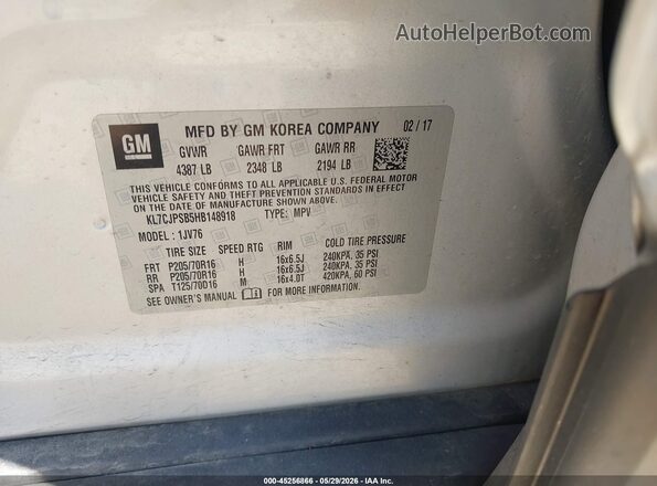 KL7CJPSB5HB148918 2017 CHEVROLET TRAX Silver Widok komory silnika