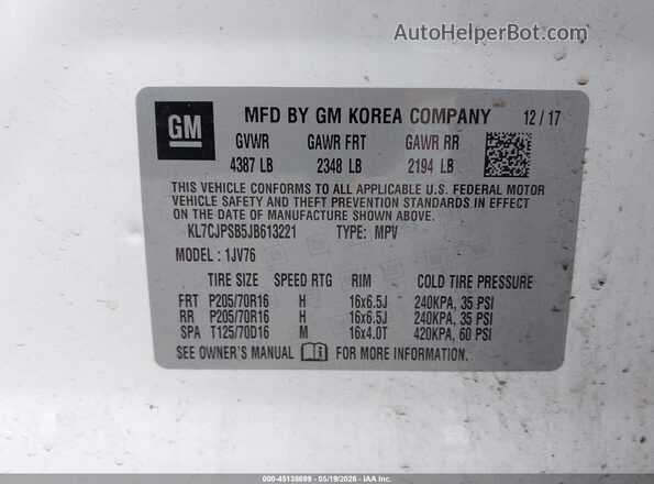 KL7CJPSB5JB613221 2018 CHEVROLET TRAX Белый Вид подкапотного пространства