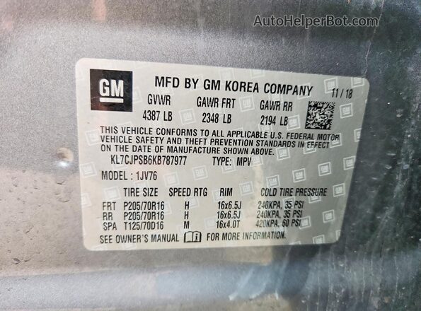 KL7CJPSB6KB787977 2019 CHEVROLET TRAX Серый Панорамный вид салона 360°
