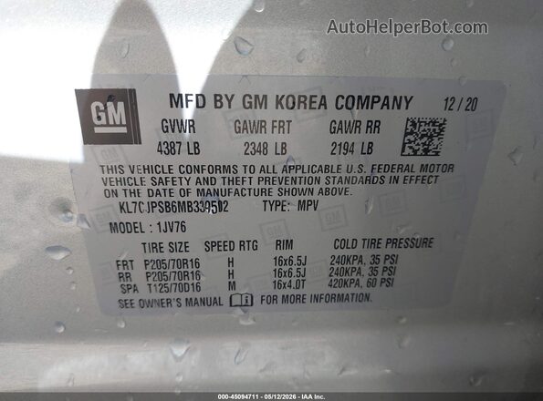 KL7CJPSB6MB339502 2021 CHEVROLET TRAX Silver Widok komory silnika