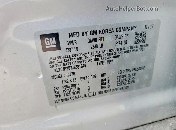 KL7CJPSB7JB581646 2018 CHEVROLET TRAX Серебряный Панорамный вид салона 360°