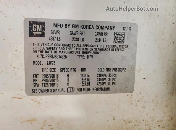 KL7CJPSB8JB614525 2018 CHEVROLET TRAX Белый Вид наклейки с VIN-кодом