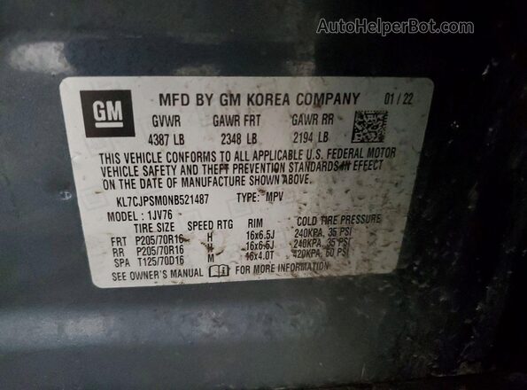 KL7CJPSM0NB521487 2022 CHEVROLET TRAX Blue Vista de la etiqueta del VIN
