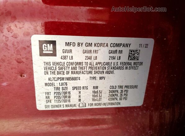 KL7CJPSM1NB566874 2022 CHEVROLET TRAX Красный Вид наклейки с VIN-кодом
