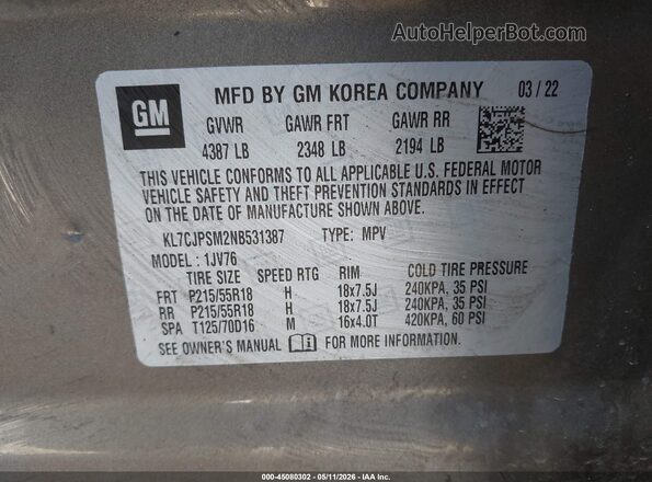 KL7CJPSM2NB531387 2022 CHEVROLET TRAX Золотой Вид подкапотного пространства