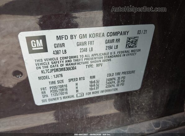 KL7CJPSM3MB366304 2021 CHEVROLET TRAX Бордовый Вид подкапотного пространства