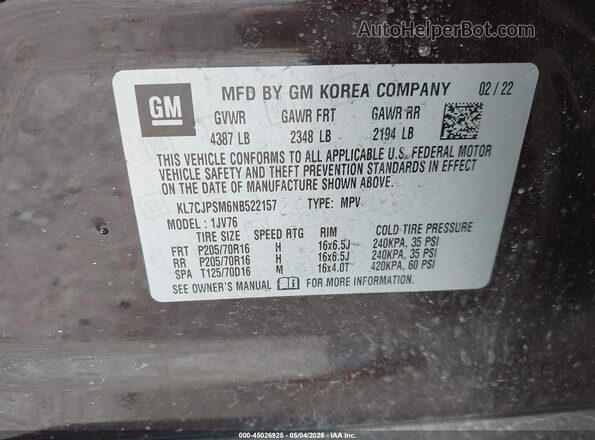 KL7CJPSM6NB522157 2022 CHEVROLET TRAX Burgundy Widok komory silnika