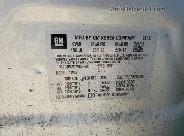 KL7CJPSM7MB364295 2021 CHEVROLET TRAX Серебряный Вид наклейки с VIN-кодом