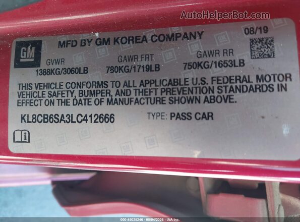 KL8CB6SA3LC412666 2020 CHEVROLET SPARK Red Widok komory silnika