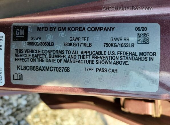 KL8CB6SAXMC702758 2021 CHEVROLET SPARK Purple Vista de la etiqueta del VIN