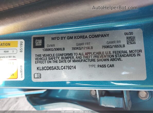 KL8CD6SA3LC479214 2020 CHEVROLET SPARK Синий Вид подкапотного пространства