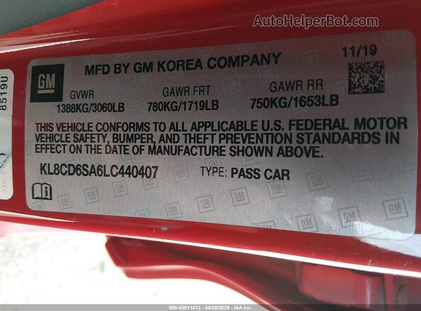 KL8CD6SA6LC440407 2020 CHEVROLET SPARK Красный Вид подкапотного пространства