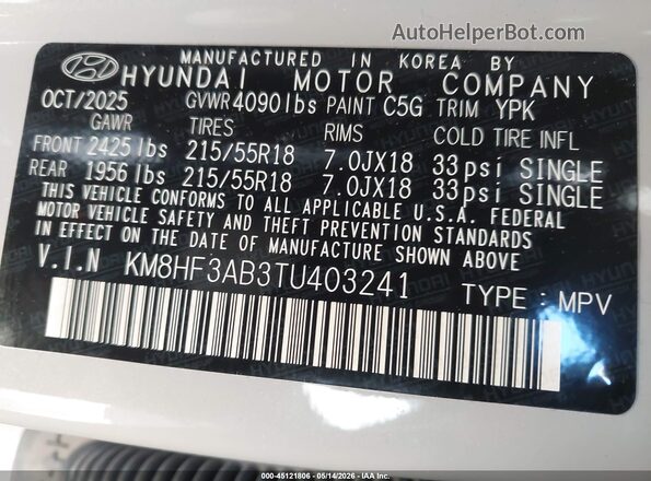 KM8HF3AB3TU403241 2026 HYUNDAI KONA White Вид підкапотного простору