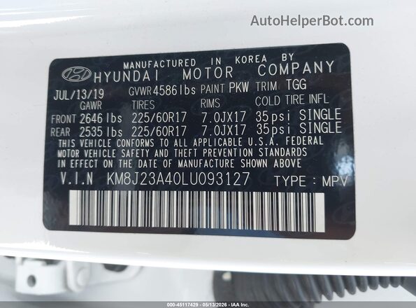 KM8J23A40LU093127 2020 HYUNDAI TUCSON Белый Вид подкапотного пространства