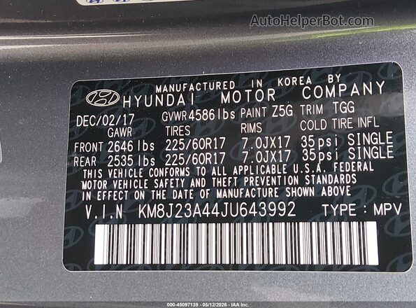 KM8J23A44JU643992 2018 HYUNDAI TUCSON Черный Вид подкапотного пространства