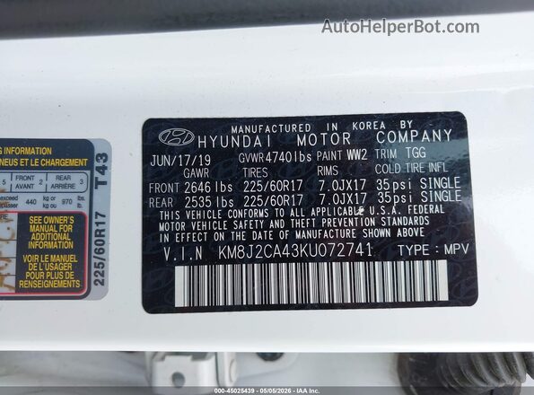 KM8J2CA43KU072741 2019 HYUNDAI TUCSON Белый Вид подкапотного пространства