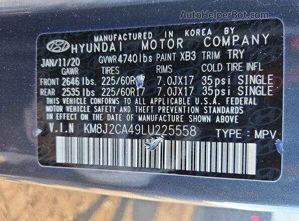 KM8J2CA49LU225558 2020 HYUNDAI TUCSON Серый Вид наклейки с VIN-кодом