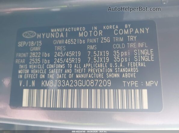 KM8J33A23GU087209 2016 HYUNDAI TUCSON Серый Вид подкапотного пространства